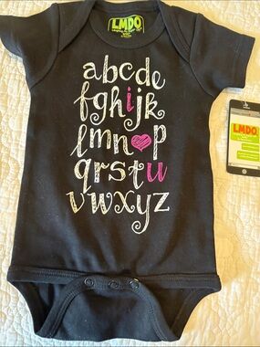Sara Kety Black Alphabet One-Piece with Pink Heart Accents